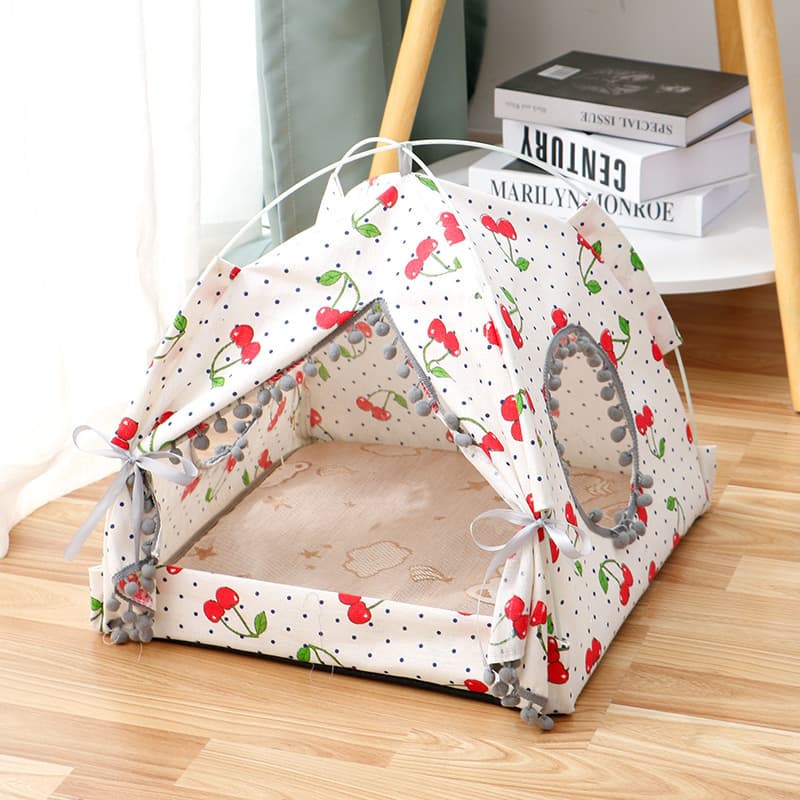 Tente pour chat pliable (tissu, motif cerises, taille S) — Chats (photo 1 sur 1)